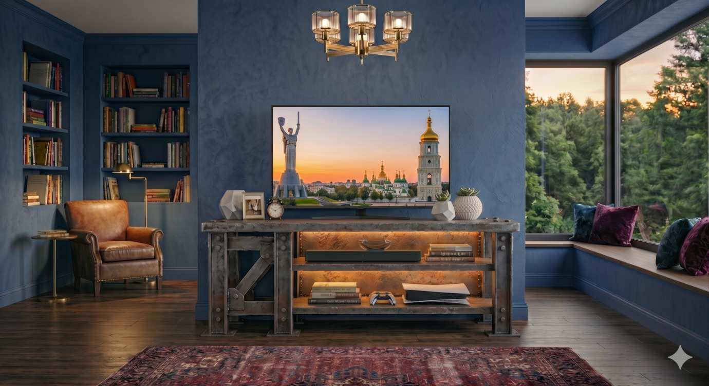 Тумба TV-line у стилі лофт з металевим каркасом і полицями під дерево